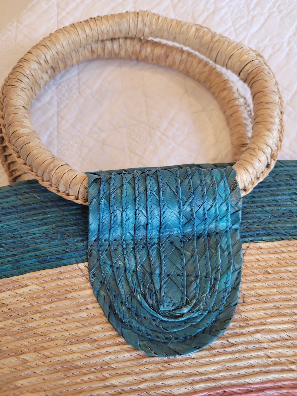 Woven Straw Circle-Handle Beach Tote in Teal, Pink & Natural, Velcro Closure - Picture 6 of 9